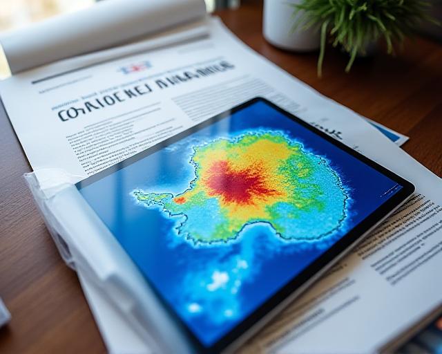 A scientific journal open on a desk with a digital tablet showing heatmaps of glacial retreats