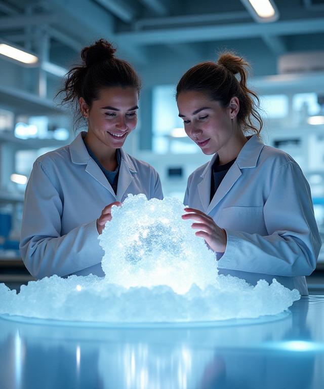 Scientists collaborating over glacial ice core data in a high-tech lab