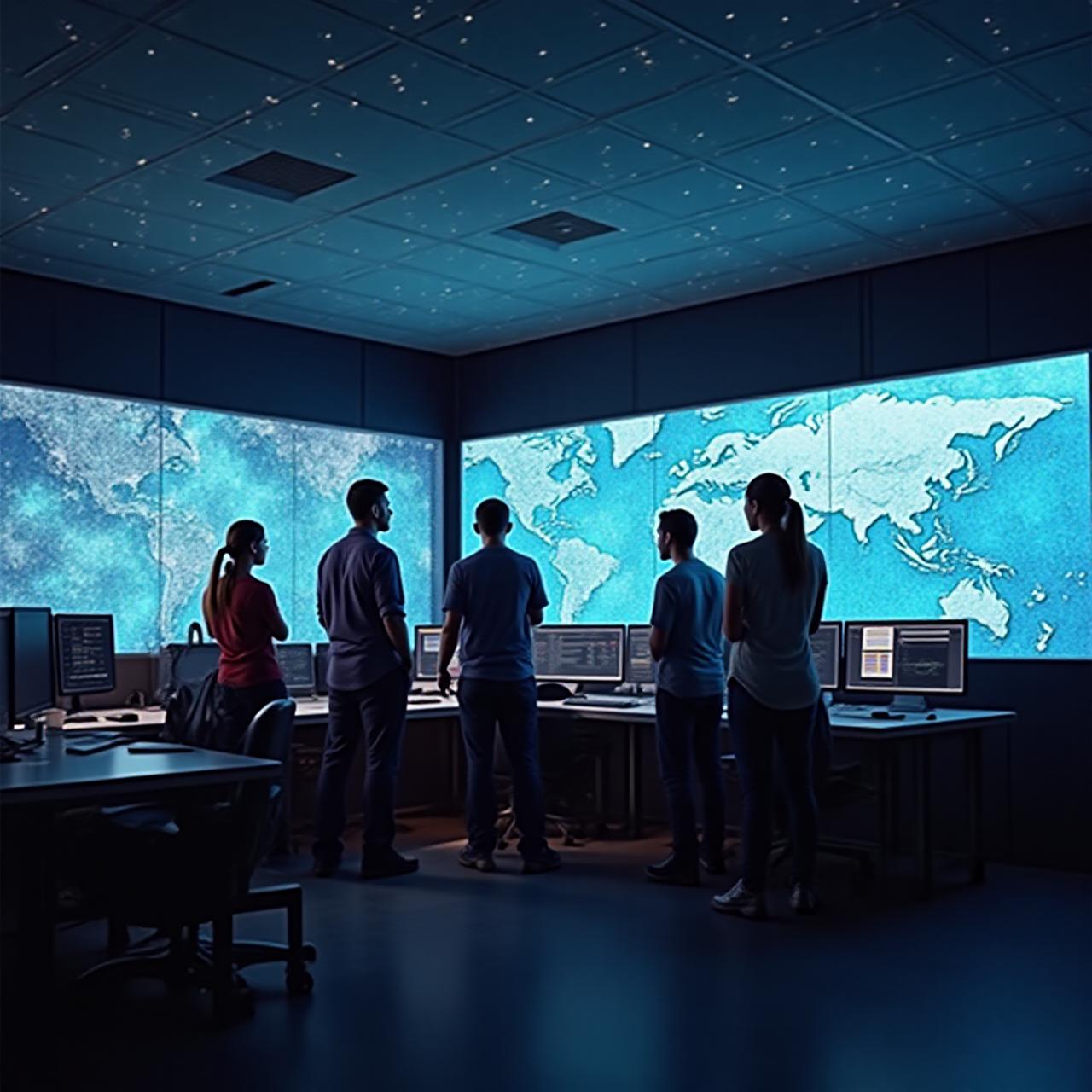 Team of engineers analyzing real-time glacial data displays